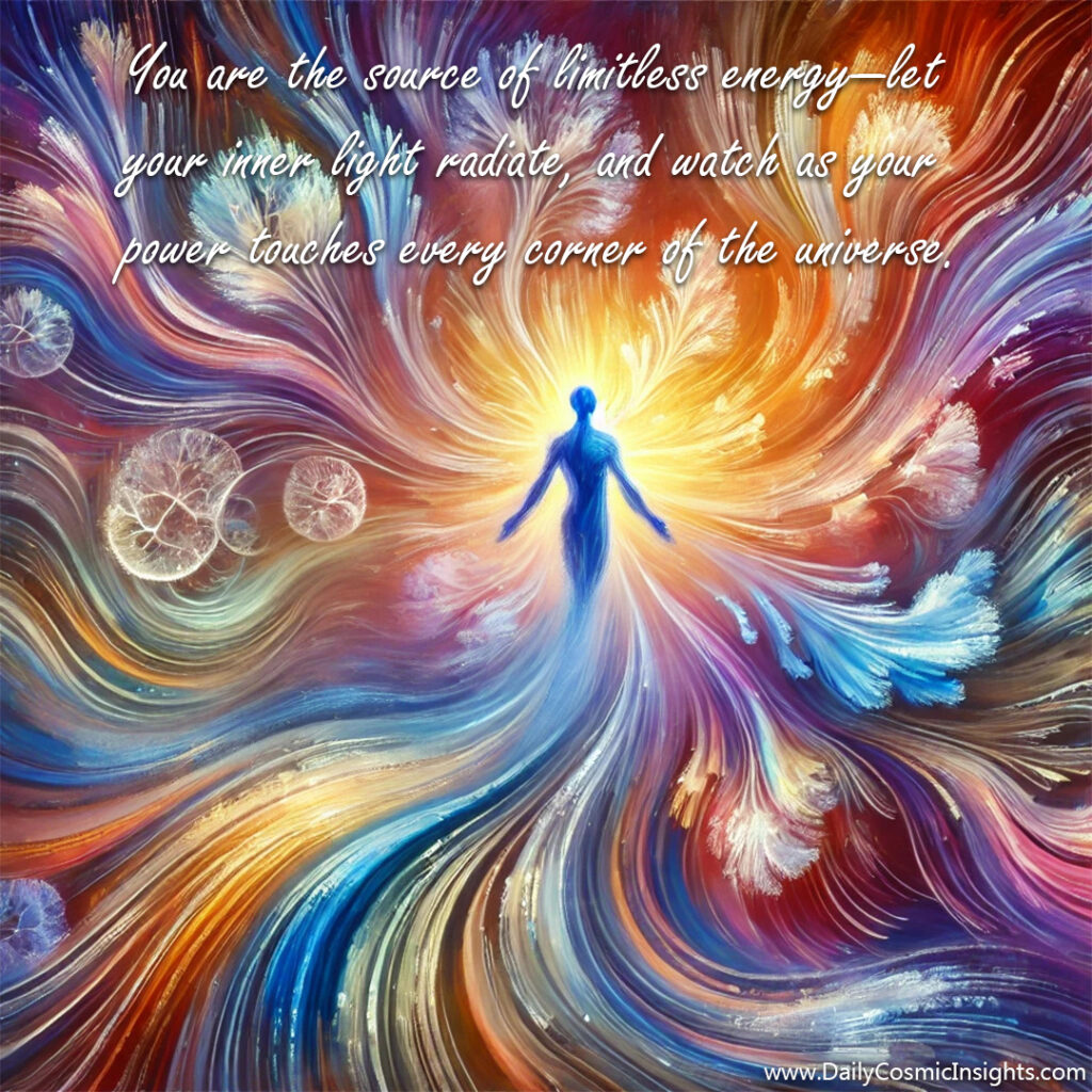 A figure stands amidst swirling waves or energy pulsating from his body. The text reads, "You are the source of limitless energy—let your inner light radiate, and watch as your power touches every corner of the universe."