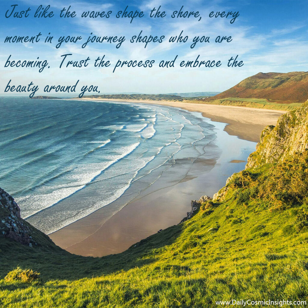 A lovely long shot of a crescent beach. The text reads, "Just like the waves shape the shore, every moment in your journey shapes who you are becoming. Trust the process and embrace the beauty around you."