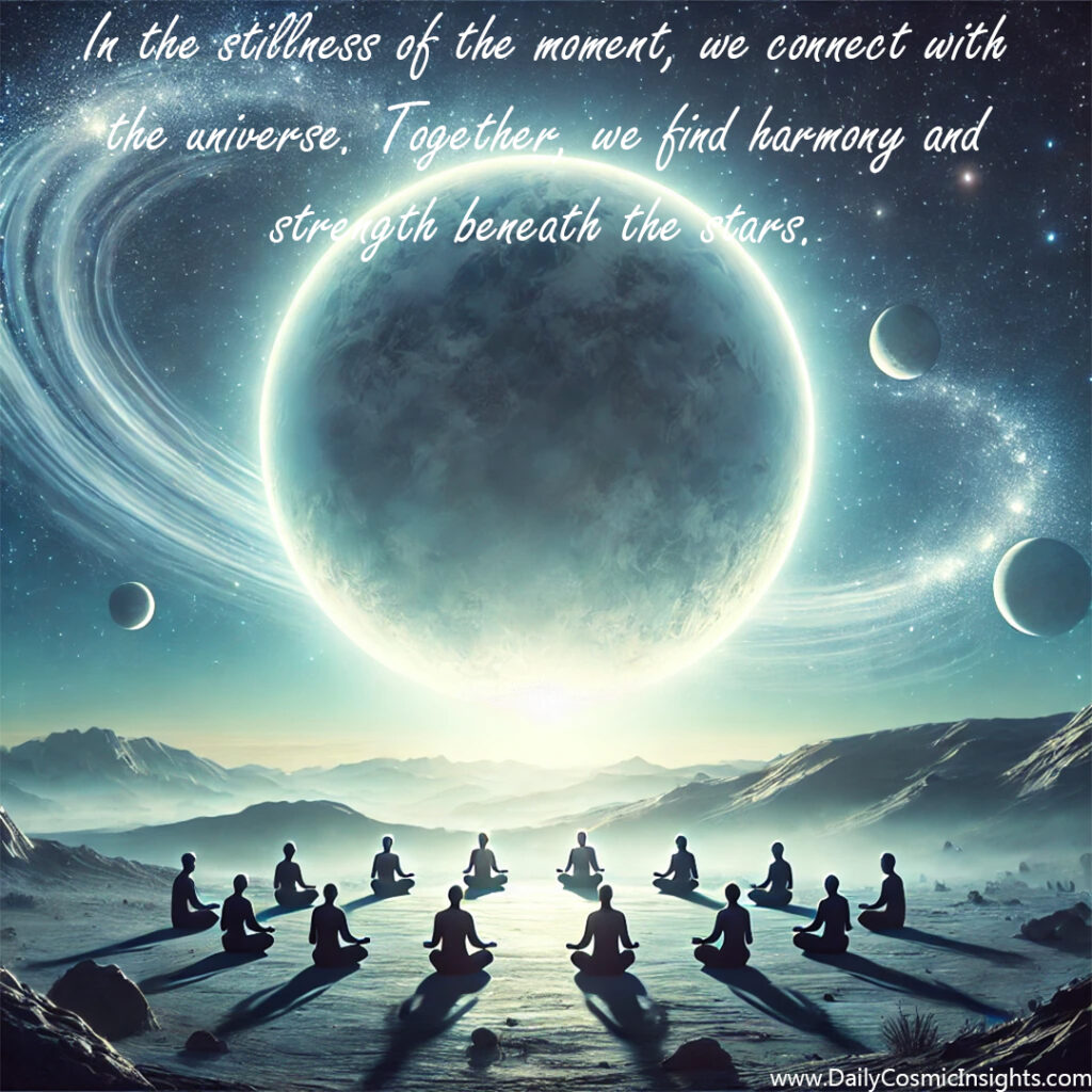 Several people sit in a circle of meditation on an alien world, a giant ringed planet in the sky above them. The text reads, "In the stillness of the moment, we connect with the universe. Together, we find harmony and strength beneath the stars."