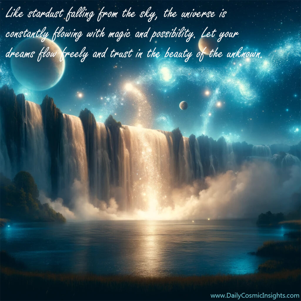 A magical landscape features waterfalls made of stardust falling into a beautiful lake at night under the stars and planets. The text reads, "Like stardust falling from the sky, the universe is constantly flowing with magic and possibility. Let your dreams flow freely and trust in the beauty of the unknown."
