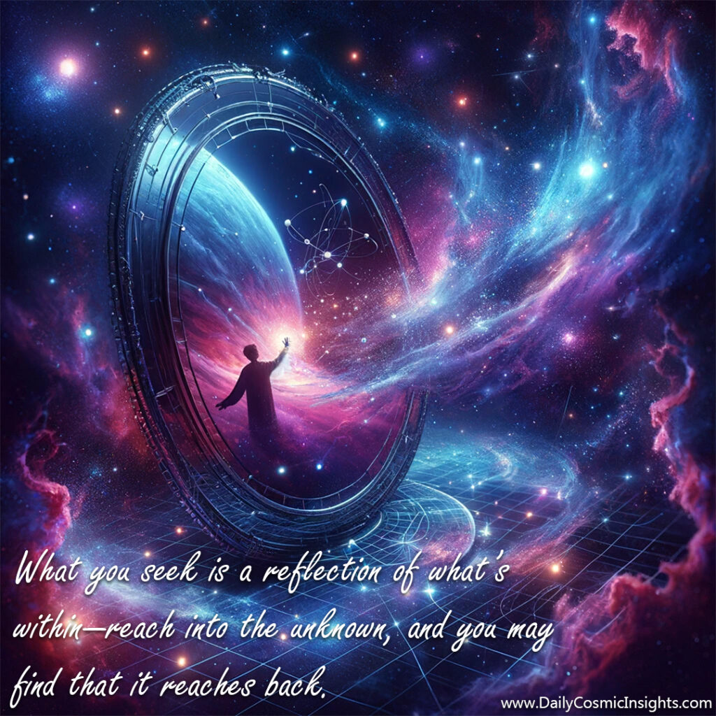 A figure stands in front of a giant cosmic mirror, out there in the depths of the cosmos. s the figure reaching into the mirror, or is he reaching out of it? The text reads, "What you seek is a reflection of what’s within—reach into the unknown, and you may find that it reaches back."
