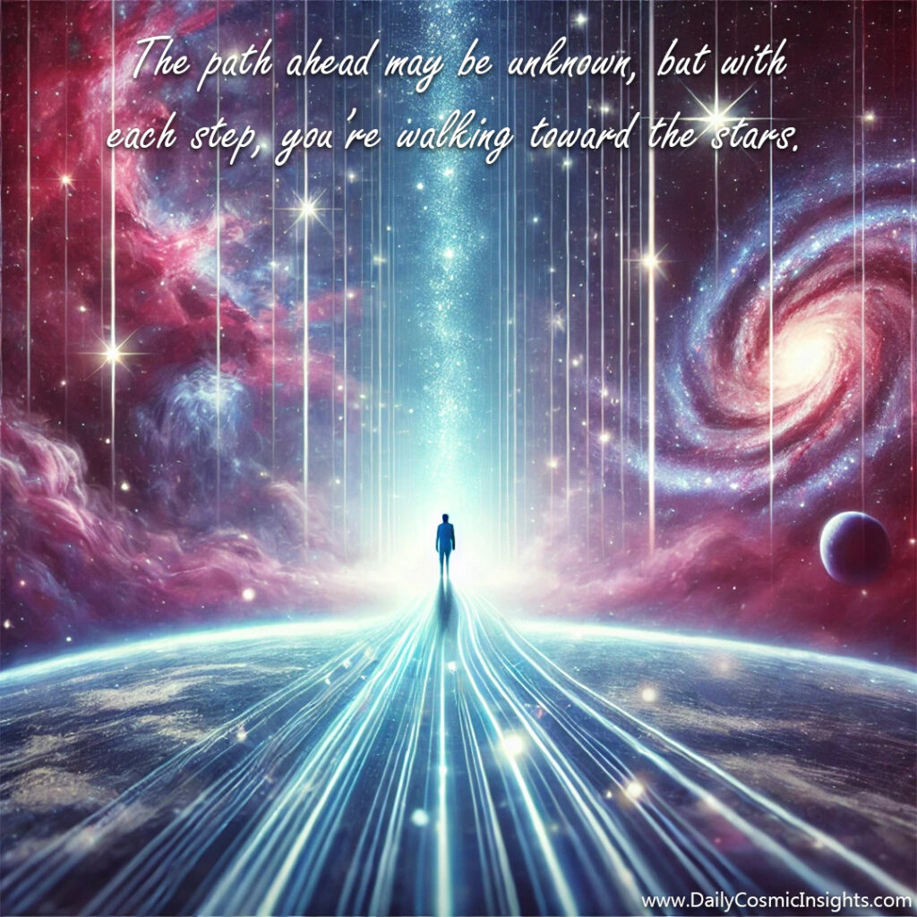 A figure walks a trail of starbeams off into the distance where the cosmos await. The text reads, "The path ahead may be unknown, but with each step, you’re walking toward the stars."