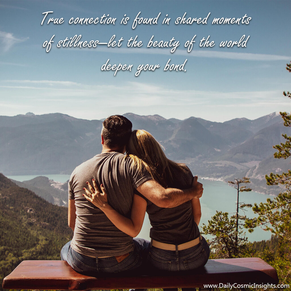 A couple sits on a wooden bench, their arms around each other, taking in a beautiful view of mountains and lakes. The text reads, "True connection is found in shared moments of stillness—let the beauty of the world deepen your bond."