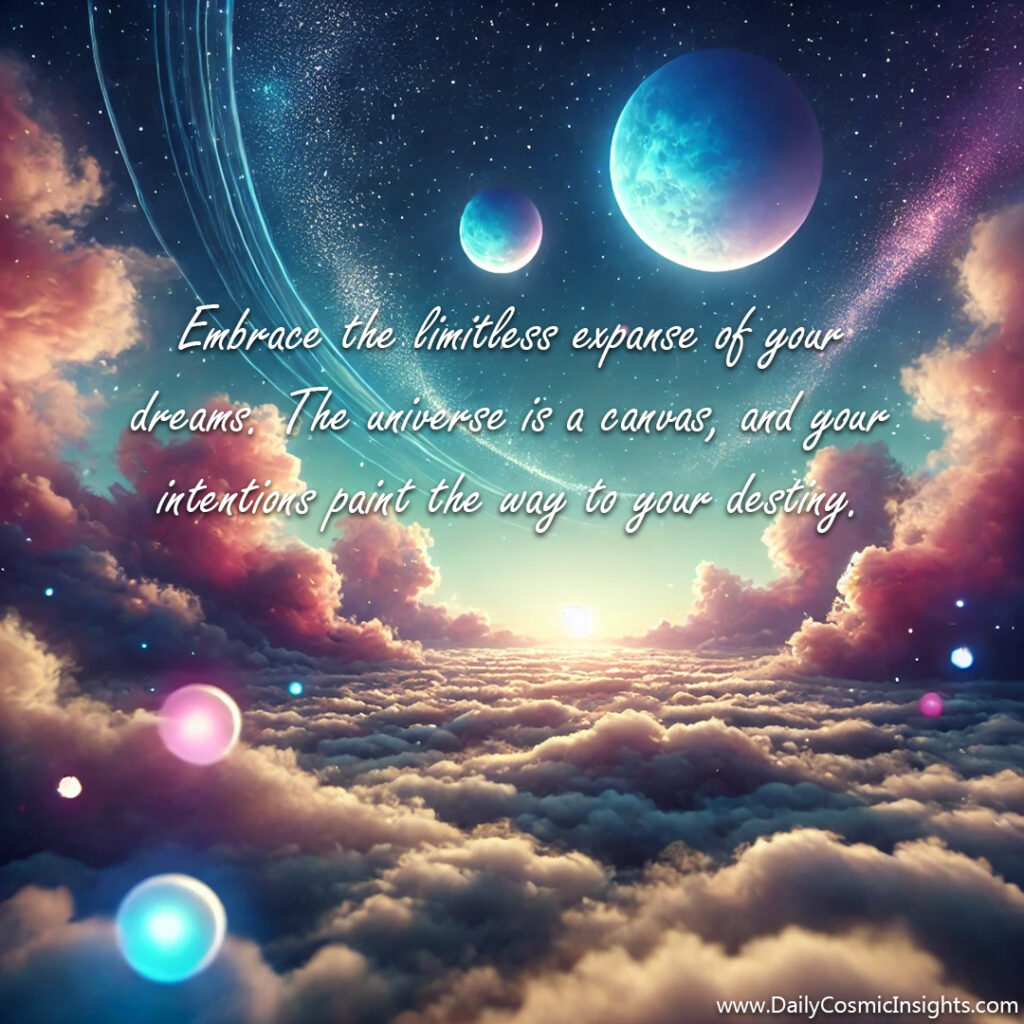 A surreal dreamlike landscape where the ground is made of clouds, and glowing planets float in the sky. Each planet emits waves of light, and the air is filled with shimmering cosmic particles that float gently. The text reads, "Embrace the limitless expanse of your dreams. The universe is a canvas, and your intentions paint the way to your destiny."