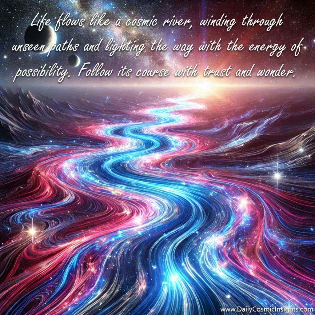 Life flows like a cosmic river, winding through unseen paths and lighting the way with the energy of possibility. Follow its course with trust and wonder.