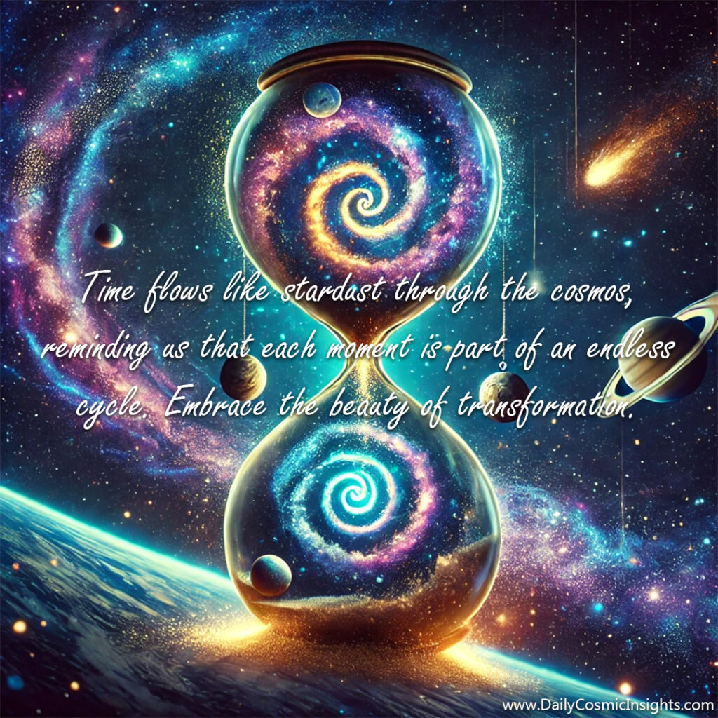 Time flows like stardust through the cosmos, reminding us that each moment is part of an endless cycle. Embrace the beauty of transformation.