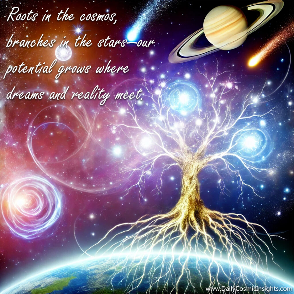 Roots in the cosmos, branches in the stars—our potential grows where dreams and reality meet.